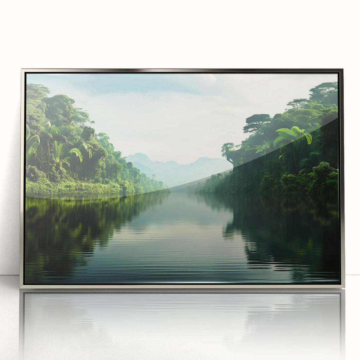 Framed acrylic wall art showcasing a vibrant rainforest landscape design, featuring lush greenery and vivid colors, set in a sleek silver frame for modern decor.