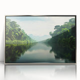 Framed acrylic wall art showcasing a vibrant rainforest landscape design, featuring lush greenery and vivid colors, set in a sleek silver frame for modern decor.