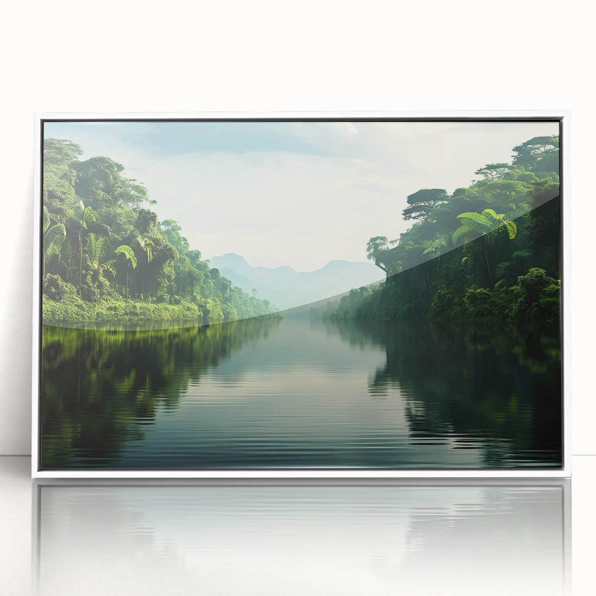 Framed acrylic wall art depicting a vibrant rainforest landscape, featuring lush greenery and vivid colors, set against a sleek white frame for modern decor.