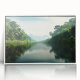 Framed acrylic wall art depicting a vibrant rainforest landscape, featuring lush greenery and vivid colors, set against a sleek white frame for modern decor.