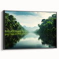 Framed canvas wall art showcasing a vibrant rainforest landscape design, featuring lush green foliage and intricate details, with a sleek black frame enhancing the artwork's beauty.