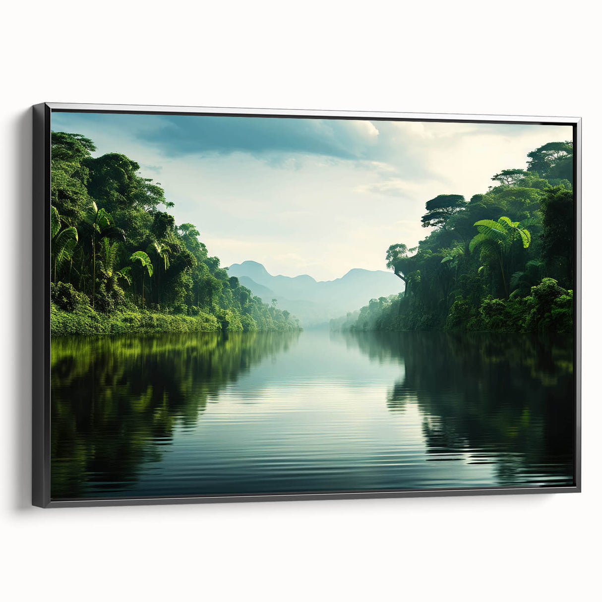 Framed canvas wall art showcasing a vibrant rainforest landscape design, featuring lush green foliage and intricate details, with a sleek black frame enhancing the artwork's beauty.