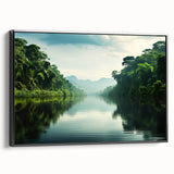 Framed canvas wall art showcasing a vibrant rainforest landscape design, featuring lush green foliage and intricate details, with a sleek black frame enhancing the artwork's beauty.