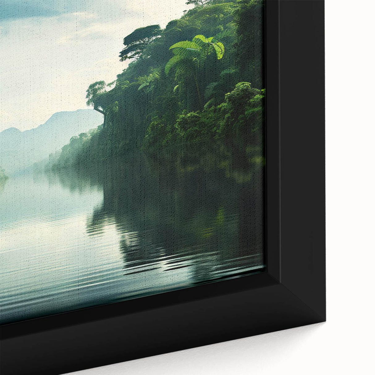 Framed canvas artwork showcasing a vibrant rainforest landscape design, featuring lush green foliage and intricate details, ideal for home decor enhancement.