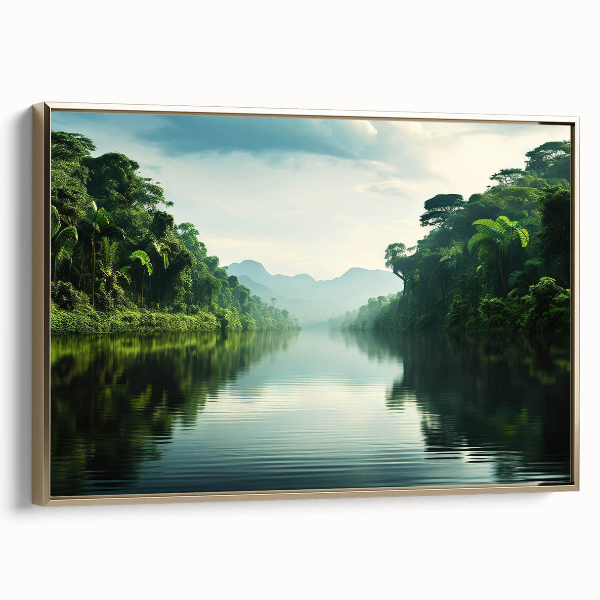 Framed canvas wall art showcasing a vibrant rainforest landscape design with lush greenery and gold accents, ideal for enhancing interior decor.