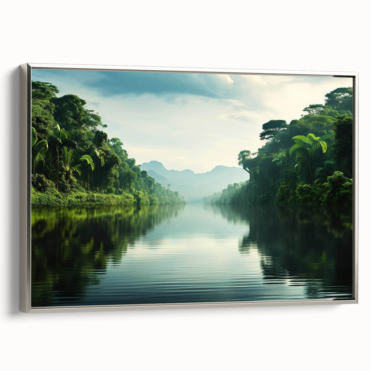 Framed canvas artwork depicting a lush rainforest landscape, featuring vibrant greens and intricate details, showcased with a sleek silver frame for an elegant display.