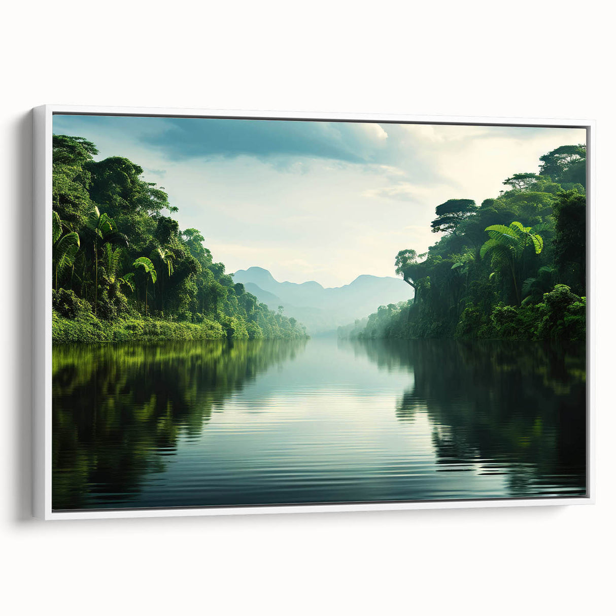 Framed canvas wall art showcasing a vibrant rainforest landscape design with lush greenery and tropical elements, presented in a sleek white frame from a side view.