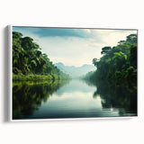 Framed canvas wall art showcasing a vibrant rainforest landscape design with lush greenery and tropical elements, presented in a sleek white frame from a side view.