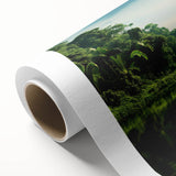 Vibrant rolled canvas artwork showcasing a lush rainforest landscape design, featuring rich greens and earthy tones, ideal for home decor or nature-themed spaces.