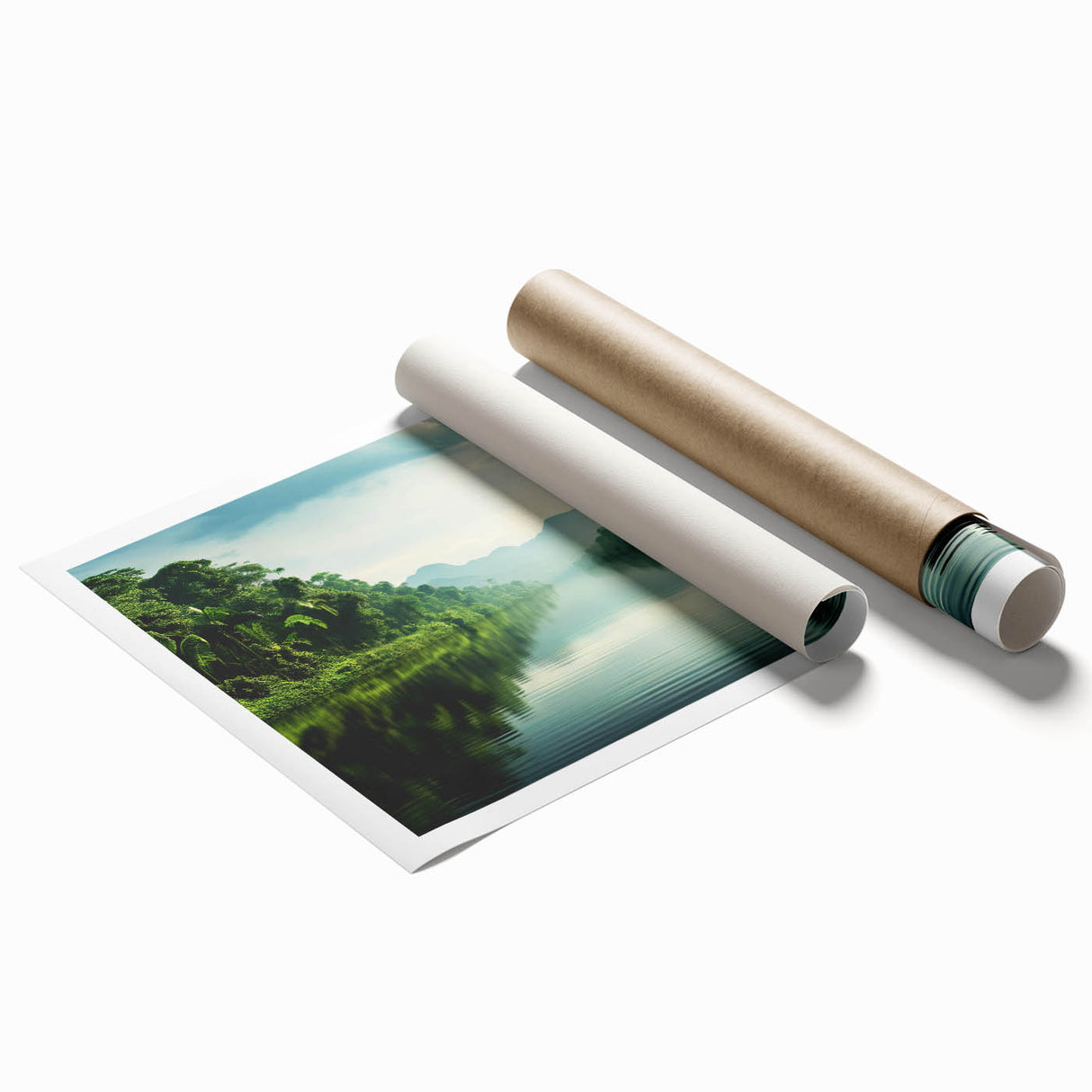 Vibrant rainforest landscape wall art print showcasing lush greenery and tropical foliage, rolled for easy display and shipped in protective packaging.