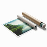 Vibrant rainforest landscape wall art print showcasing lush greenery and tropical foliage, rolled for easy display and shipped in protective packaging.