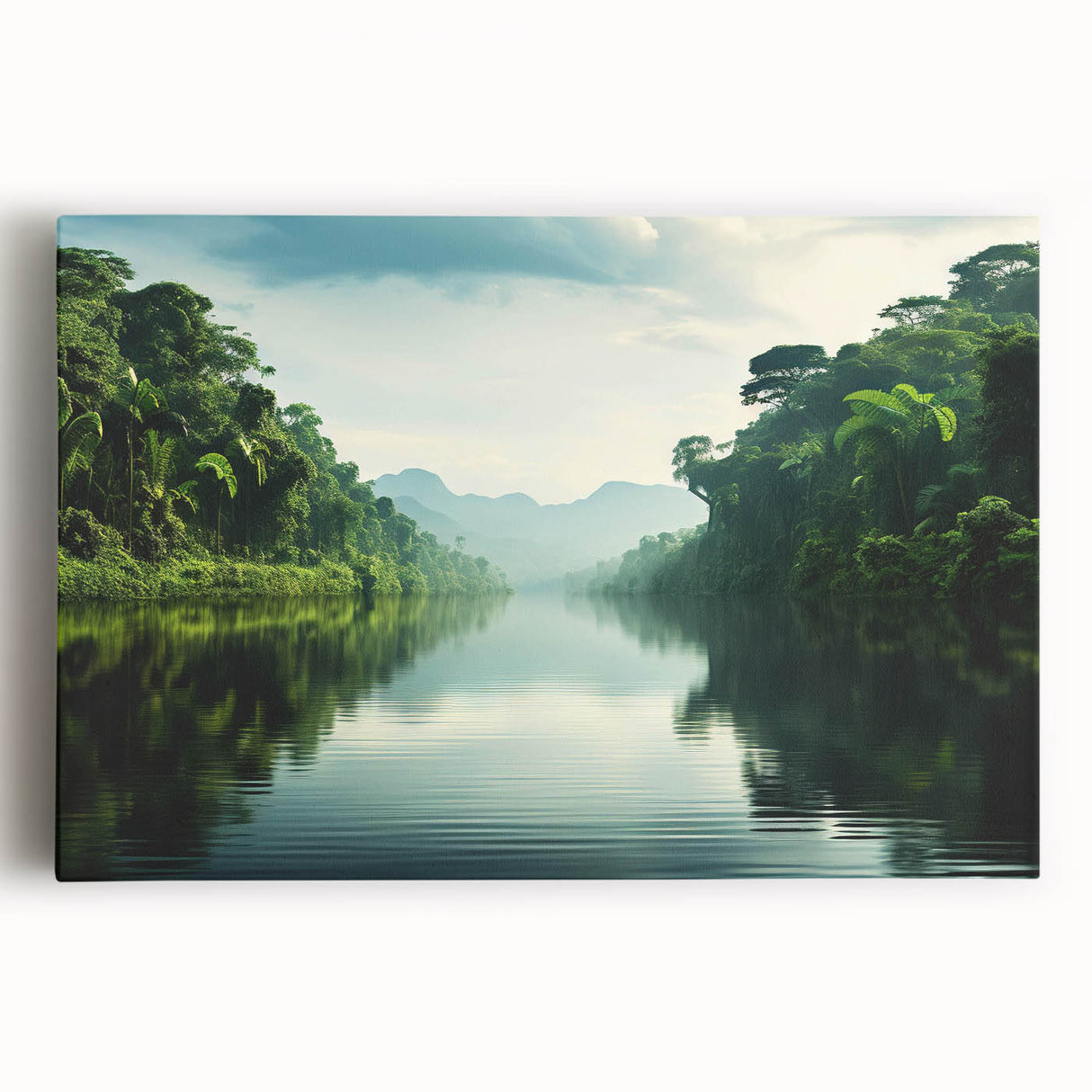 Stretched canvas artwork depicting a vibrant rainforest landscape with lush greenery and tropical plants, ideal for nature-themed home decor.