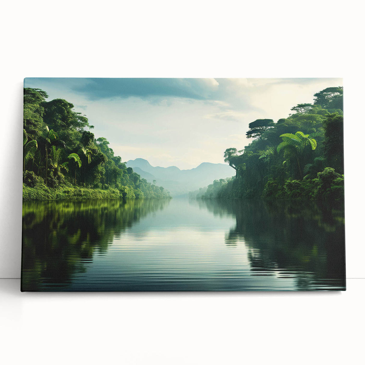 Vibrant rainforest landscape wall art design on stretched canvas, showcasing lush green foliage and rich natural colors, perfect for home decor enhancement.