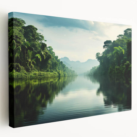 Stretched canvas wall art showcasing a vibrant rainforest landscape design, featuring lush greenery and vivid colors, ideal for nature-themed decor.