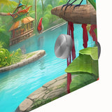 Close-up view of a vibrant rainforest landscape wall art piece, showcasing rich greens and blues in an acrylic glass finish, perfect for nature-themed decor.