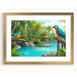 Framed rainforest landscape wall art in a gold frame with a mat, showcasing vibrant greens and intricate details of tropical foliage, ideal for home decor.