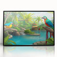Framed acrylic wall art showcasing a vibrant rainforest landscape design with rich greens and blues, featuring a sleek black frame that enhances its colorful details. Ideal for nature-inspired decor.