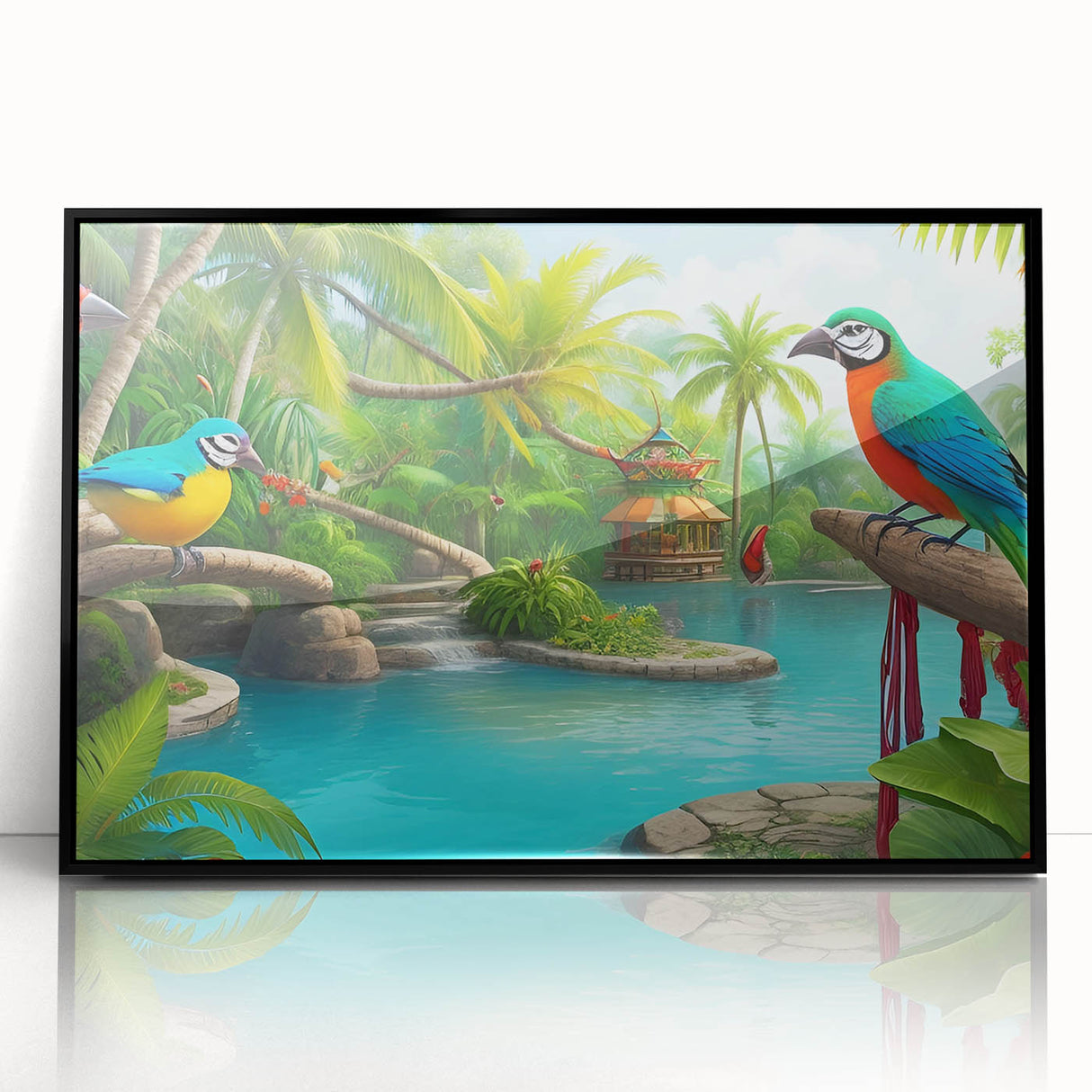 Framed acrylic wall art showcasing a vibrant rainforest landscape design with rich greens and blues, featuring a sleek black frame that enhances its colorful details. Ideal for nature-inspired decor.