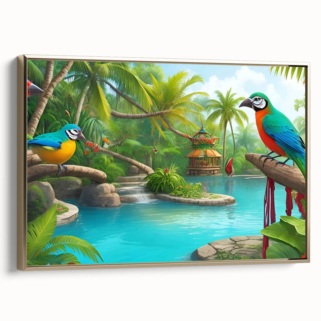 Framed canvas wall art depicting vibrant rainforest landscapes, featuring rich greens and golden accents, perfect for enhancing contemporary home decor.