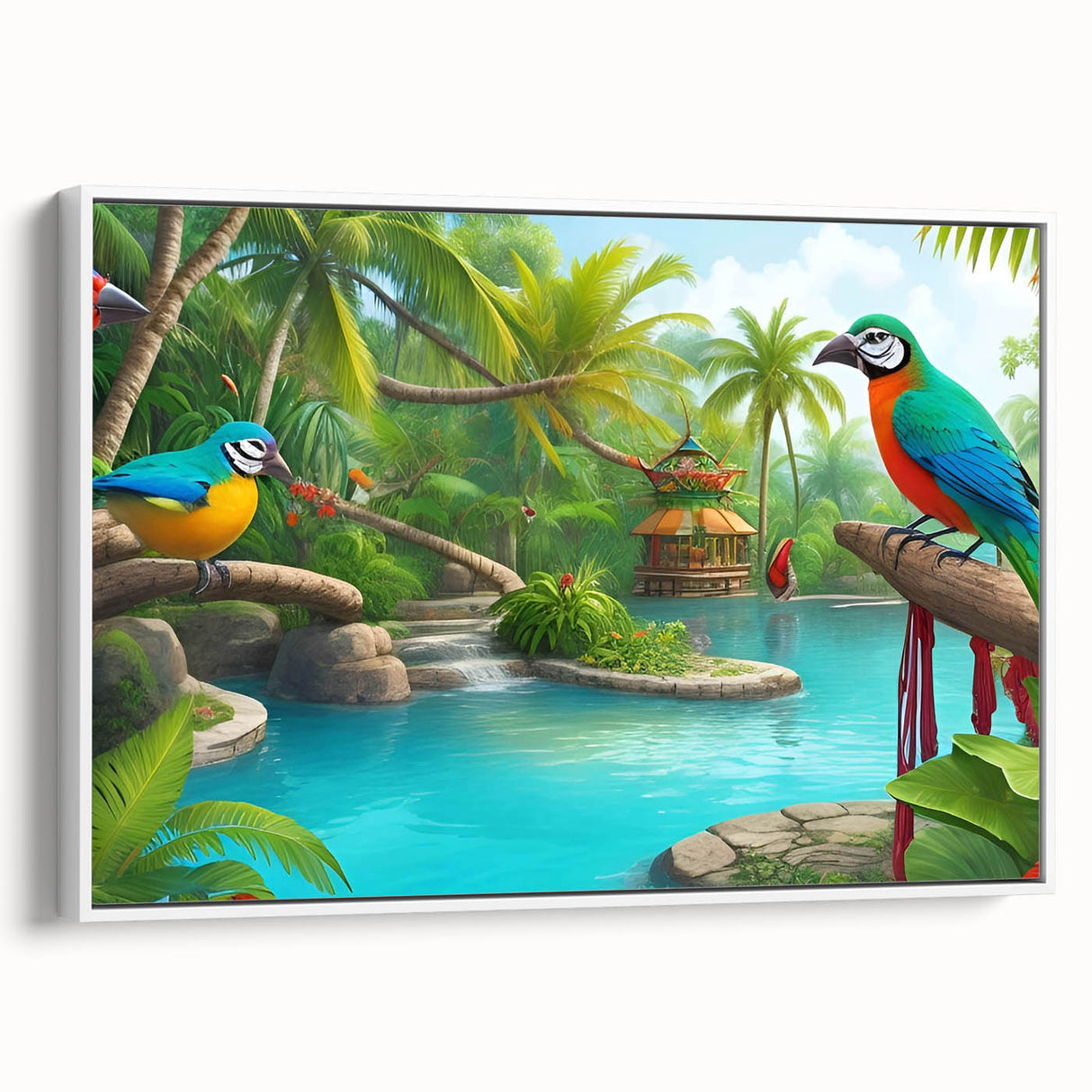 Framed canvas artwork showcasing a vibrant rainforest landscape with lush greenery and intricate details, displayed in a sleek white frame, perfect for home decor.