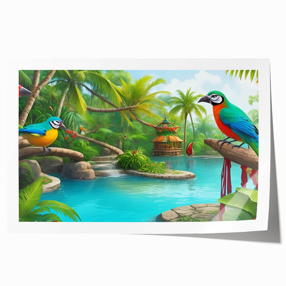 Vibrant rainforest landscape wall art print showcasing lush greenery and exotic flora, perfect for home decor, rolled and ready for framing. Ideal for nature enthusiasts and interior design lovers.