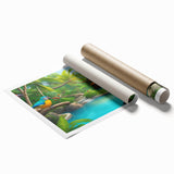 Vibrant rainforest landscape wall art print showcasing lush greenery and exotic flora, rolled and ready for framing, perfect for nature-inspired decor.