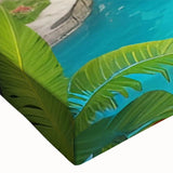 Close-up view of a vibrant rainforest-themed stretched canvas wall art piece, showcasing rich greens and intricate details of tropical foliage, ideal for home decor.