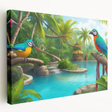 Stretched canvas featuring a vibrant rainforest landscape design, showcasing lush greenery and diverse flora, ideal for nature-inspired home decor.