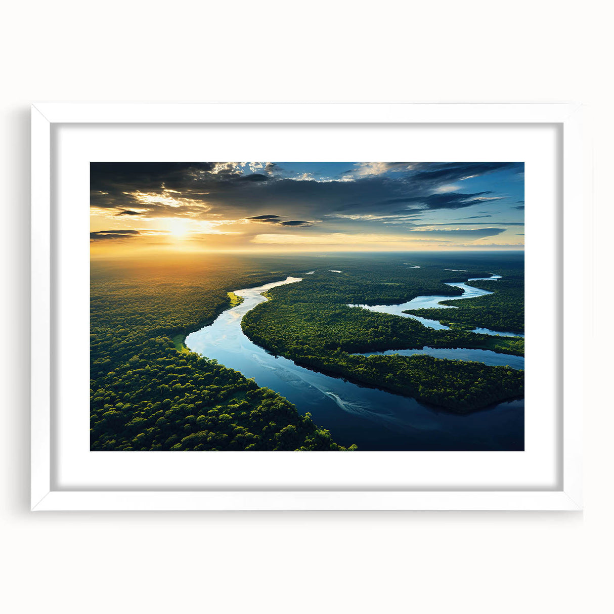Framed rainforest wall art collection showcasing vibrant tropical foliage and wildlife, encased in a sleek white frame with a matte finish, perfect for nature-inspired decor.