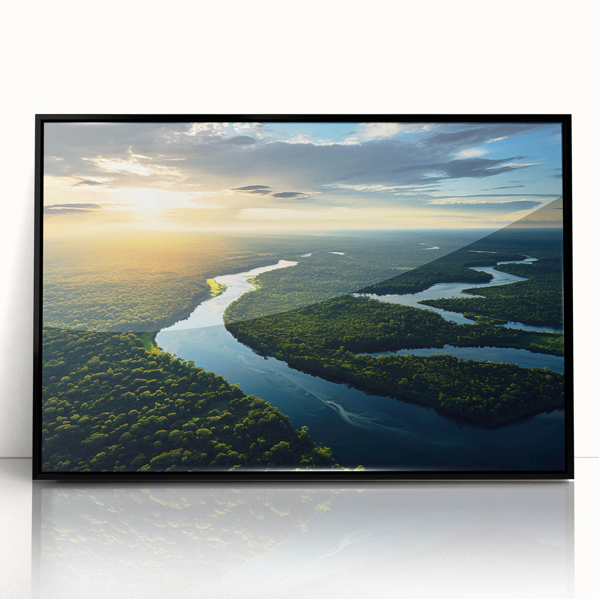 Framed acrylic wall art showcasing a vibrant rainforest landscape design, featuring lush green foliage and colorful wildlife, presented in a sleek black frame for modern decor.