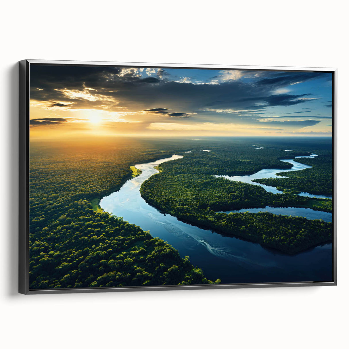 Framed canvas wall art depicting a vibrant rainforest landscape with lush greenery and tropical flora, showcased in a sleek black frame, perfect for home decor.