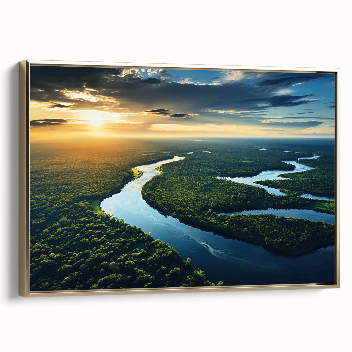 Framed canvas wall art featuring a vibrant rainforest landscape design with rich greens and gold accents, showcasing a side view of the artwork's elegant frame.