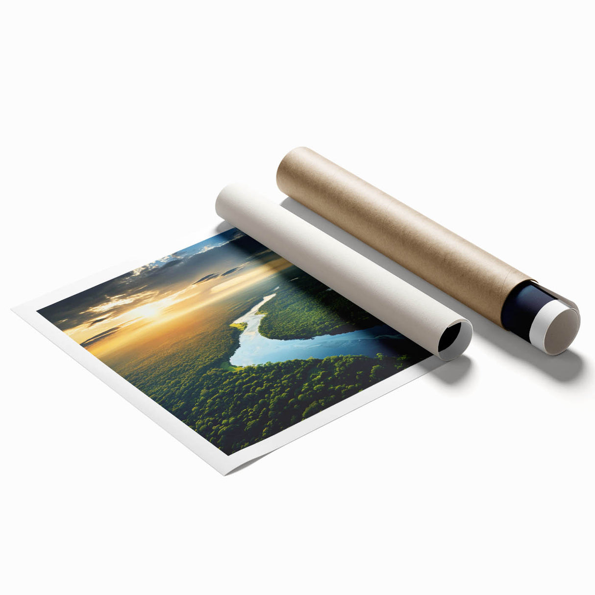 Vibrant rainforest landscape wall art print showcasing lush greenery and tropical foliage, rolled and ready for display, perfect for nature-inspired decor.