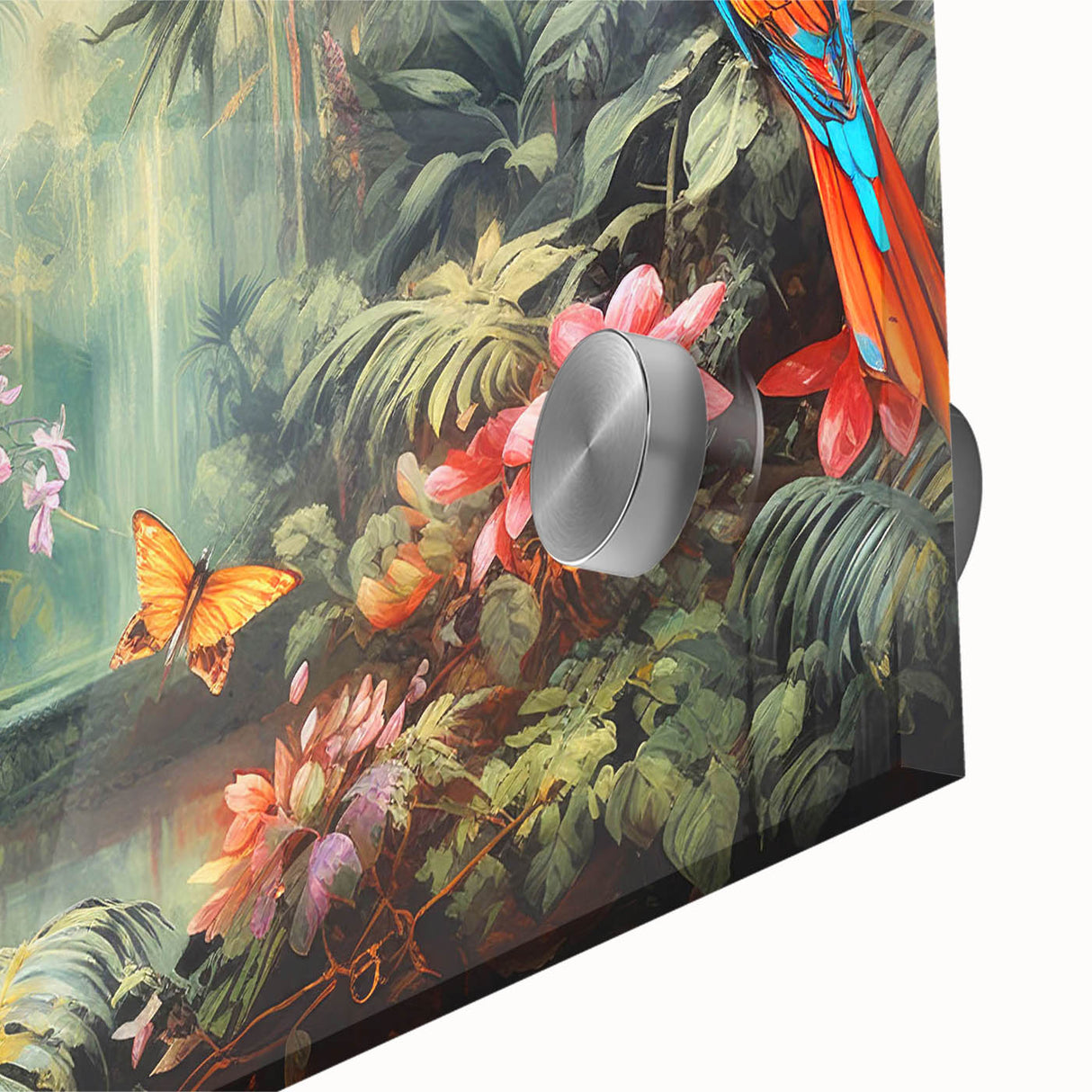 Vibrant rainforest landscape wall art featuring rich green foliage and intricate details, printed on acrylic glass for a stunning visual effect, ideal for home decor.