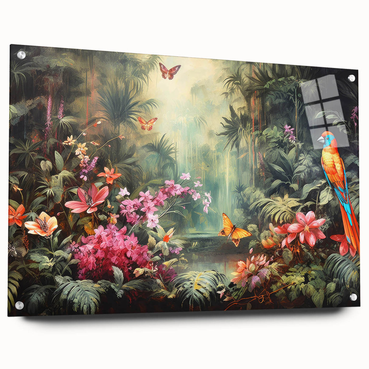 Acrylic wall art showcasing a vibrant rainforest landscape design, viewed from the side, featuring metallic pins for easy hanging, ideal for nature-themed decor.