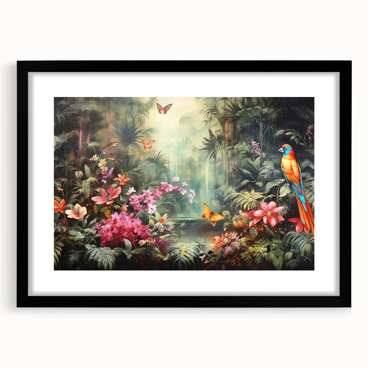 Framed rainforest landscape wall art featuring vibrant greenery and exotic plants, showcased in a sleek black frame with a white mat, ideal for home decor.