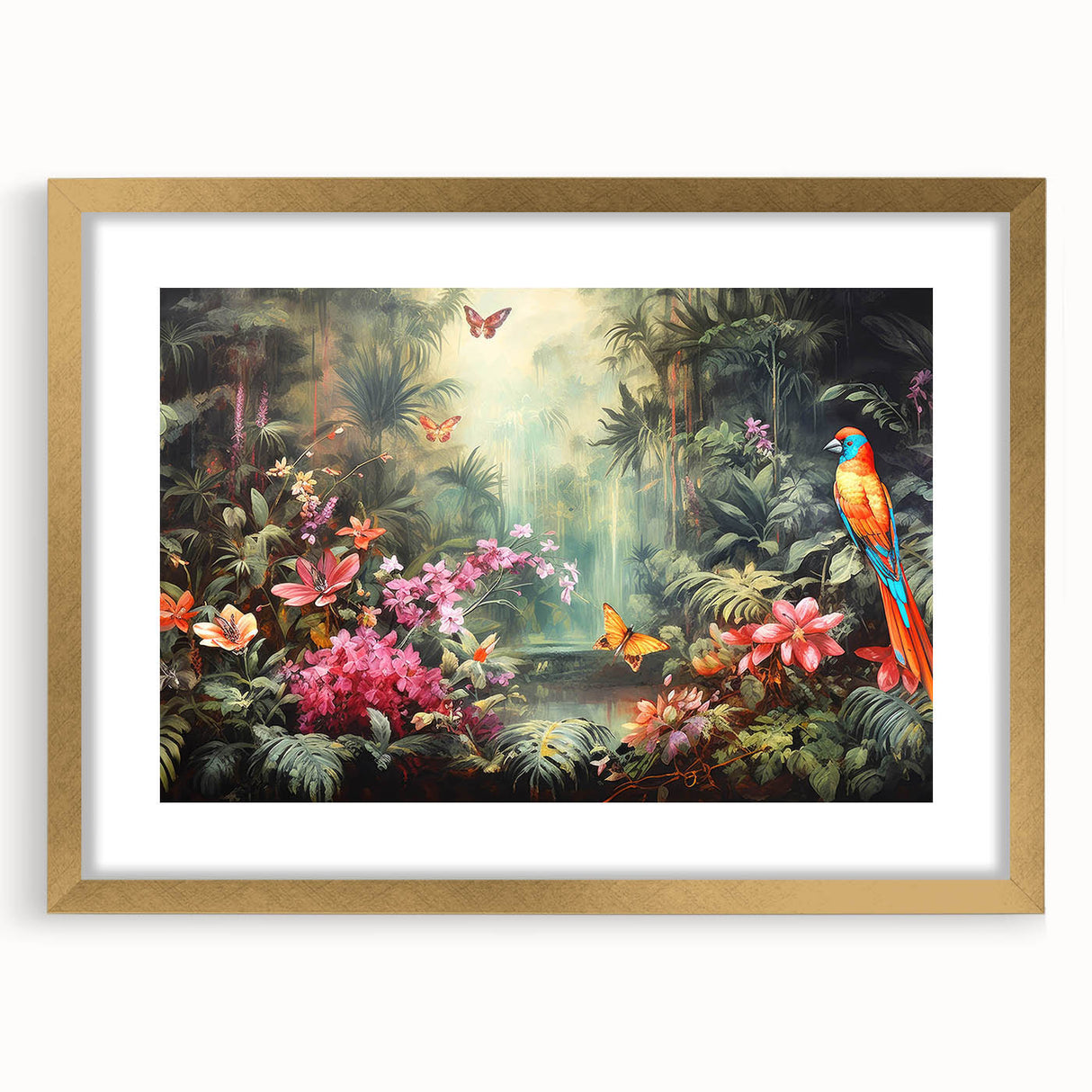 Framed rainforest landscape wall art collection featuring vibrant greens and gold accents, perfect for enhancing home decor with nature-inspired elegance.