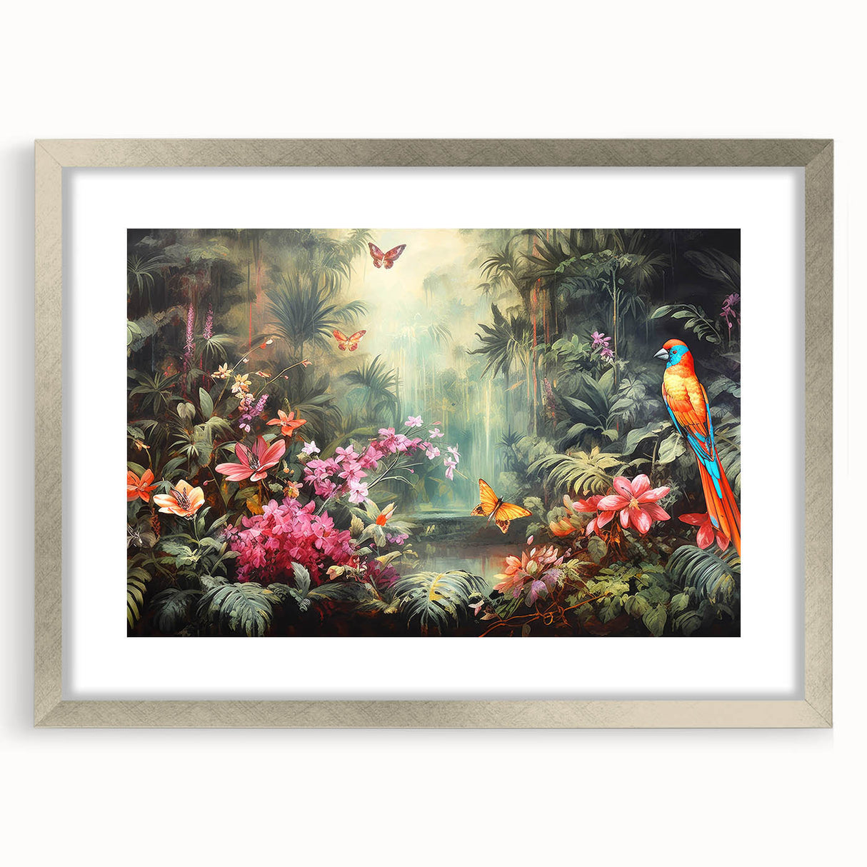 Framed wall art collection showcasing a vibrant rainforest landscape design, featuring lush greenery and vivid colors, with a silver frame and mat, ideal for home decor.