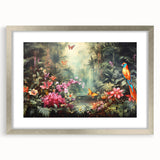 Framed wall art collection showcasing a vibrant rainforest landscape design, featuring lush greenery and vivid colors, with a silver frame and mat, ideal for home decor.
