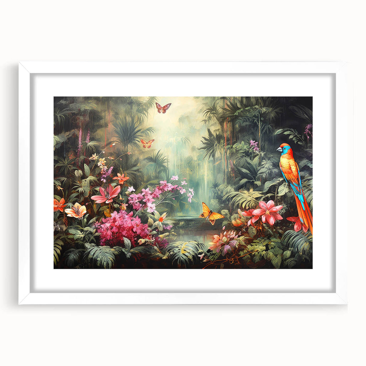 Framed rainforest landscape wall art with a white mat, showcasing vibrant green foliage and tropical elements, perfect for adding a nature-inspired touch to home decor.