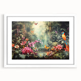 Framed rainforest landscape wall art with a white mat, showcasing vibrant green foliage and tropical elements, perfect for adding a nature-inspired touch to home decor.