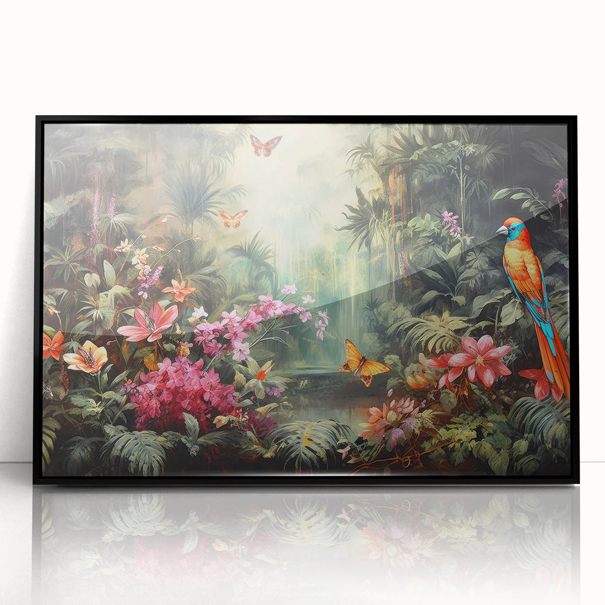Framed acrylic wall art featuring a vibrant rainforest landscape design, showcasing lush greenery and colorful flora, set against a sleek black frame. Perfect for nature-themed decor.