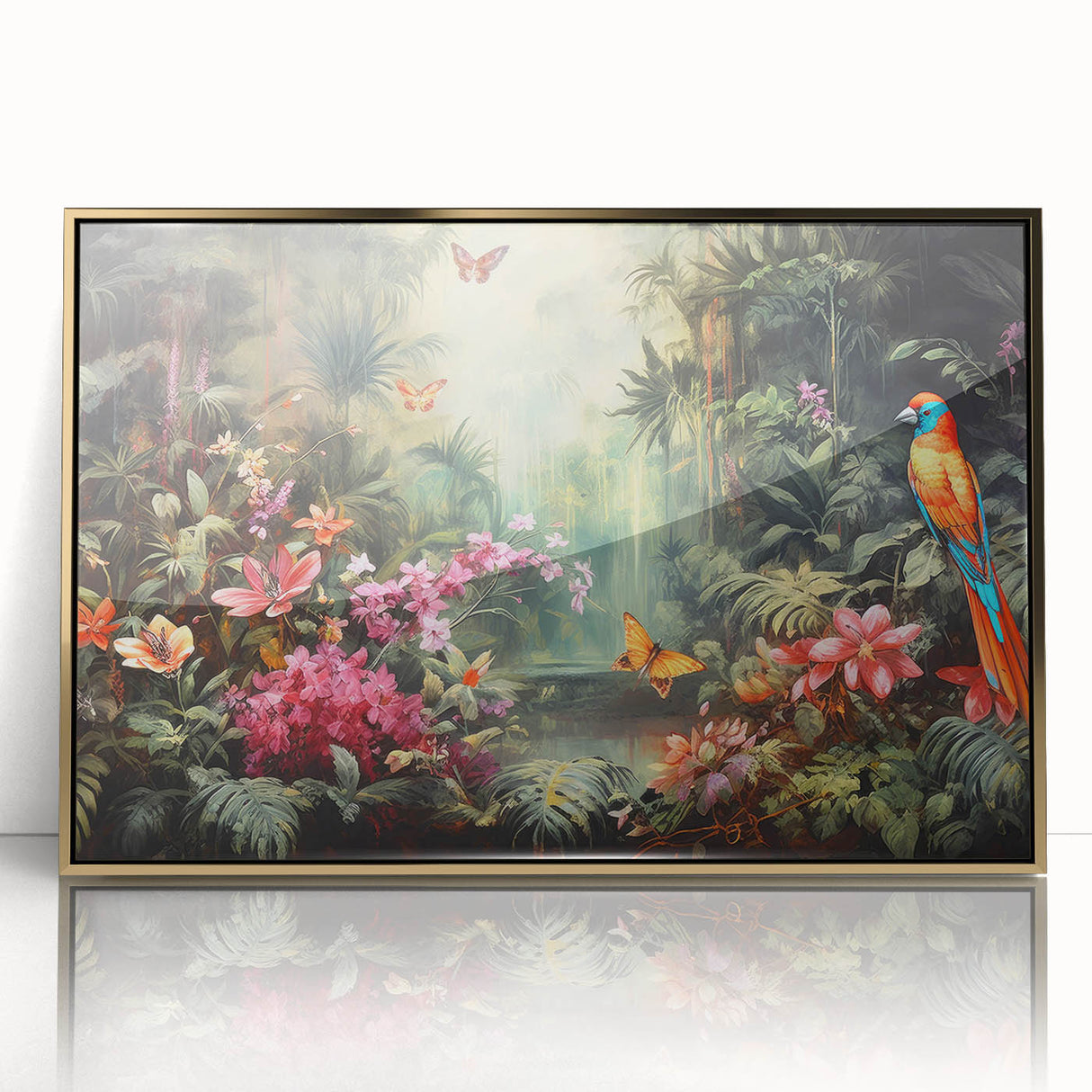 Framed acrylic wall art showcasing a vibrant rainforest landscape design with gold accents, ideal for enhancing home decor and bringing nature indoors.