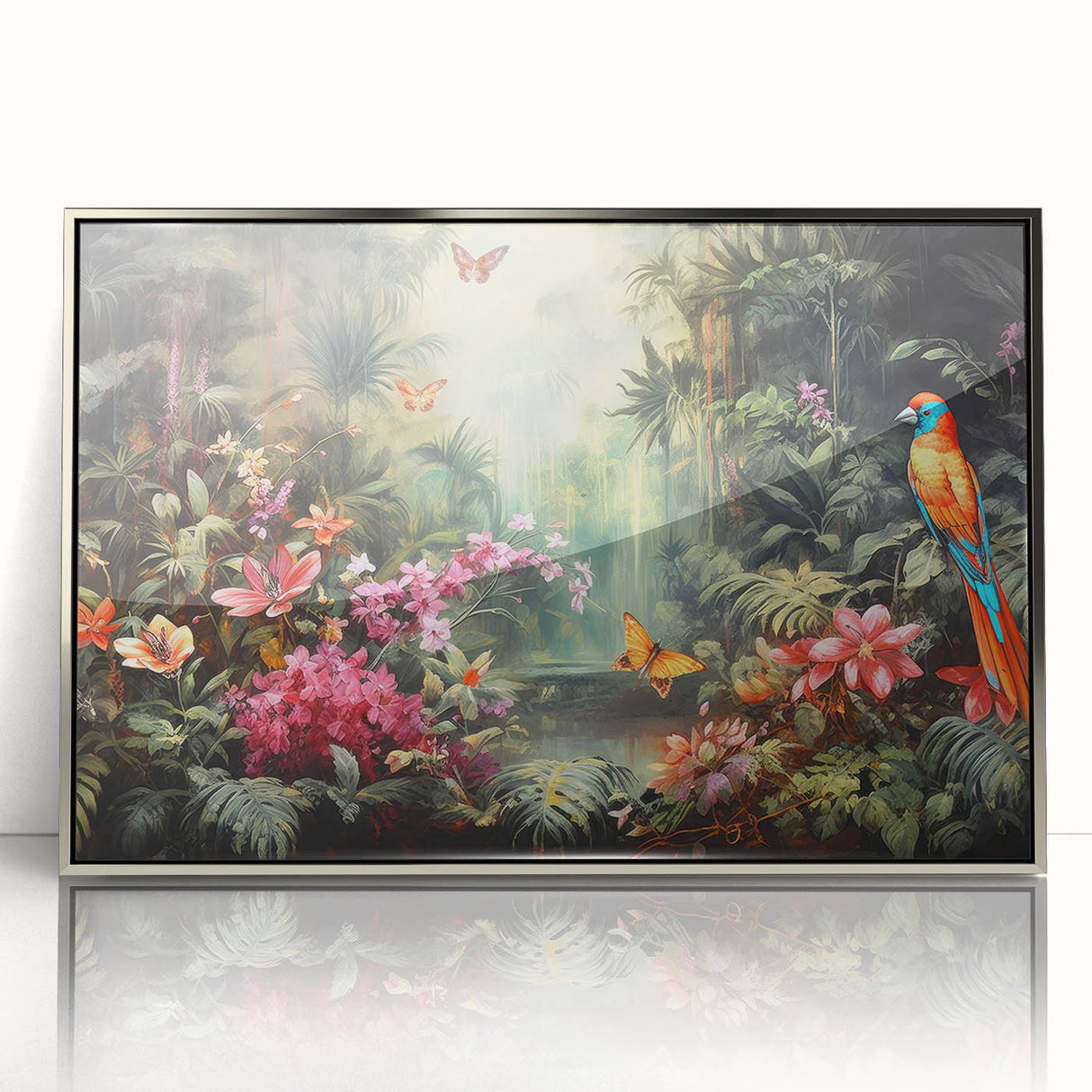 Framed acrylic wall art featuring a vibrant rainforest landscape design with lush green foliage and intricate details, set in a sleek silver frame for modern decor.