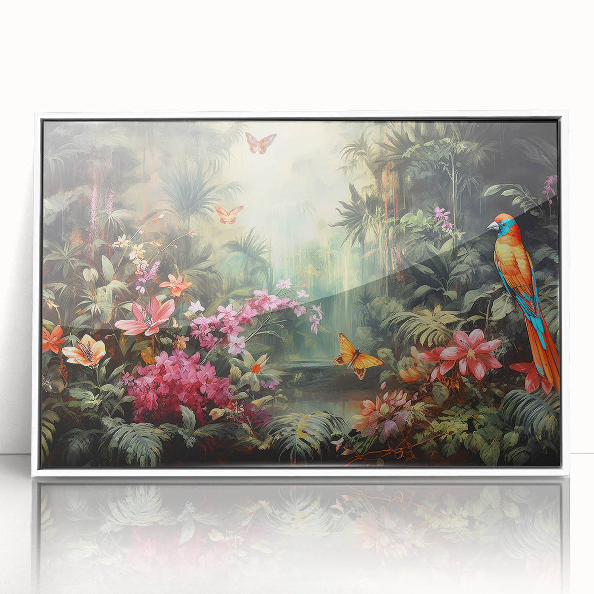 Framed acrylic wall art showcasing a vibrant rainforest landscape design, featuring lush greenery and tropical colors, designed to enhance any interior space.