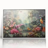 Framed acrylic wall art showcasing a vibrant rainforest landscape design, featuring lush greenery and tropical colors, designed to enhance any interior space.