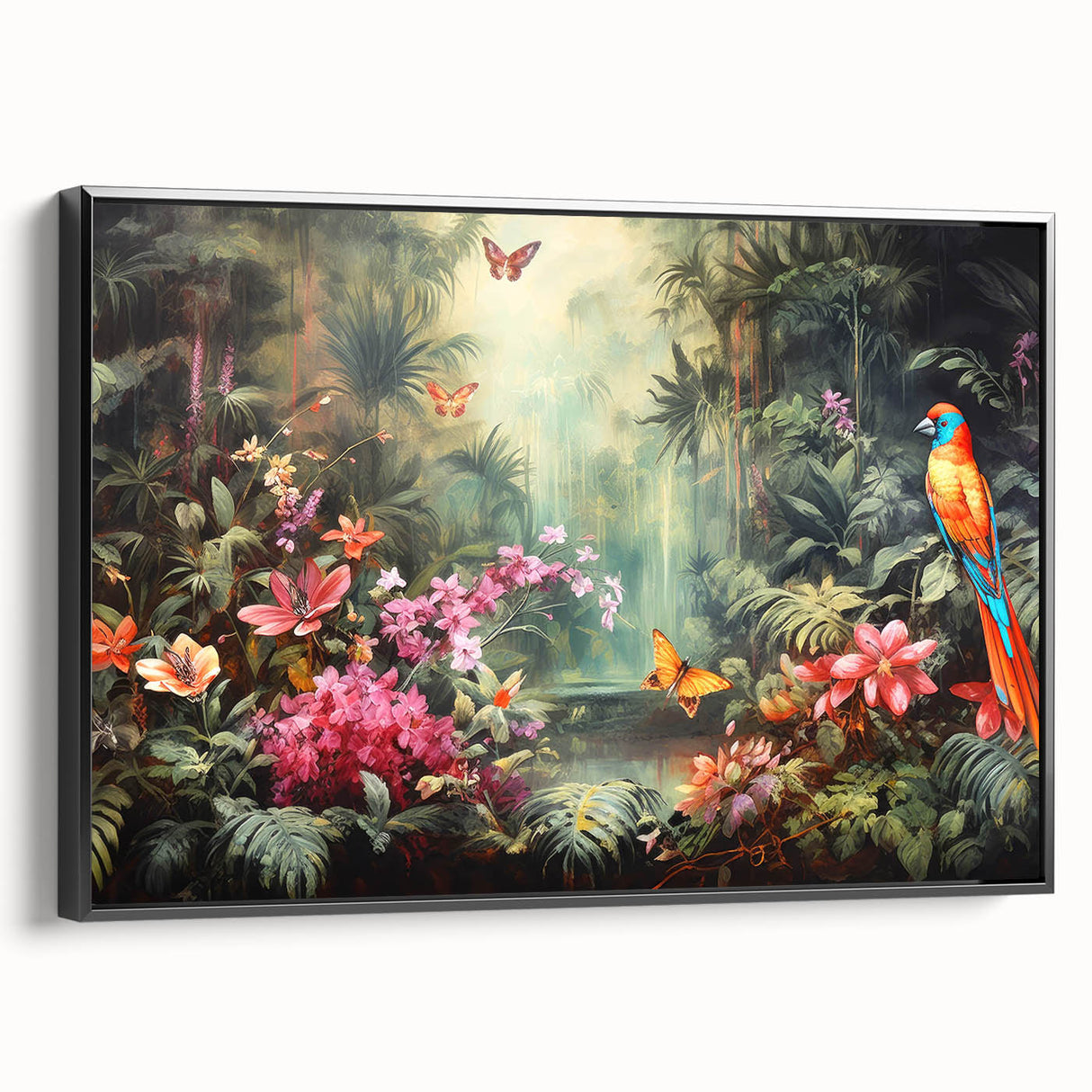 Framed canvas wall art showcasing a vibrant rainforest landscape design, featuring lush greenery and rich colors, presented in a sleek black frame for modern decor.