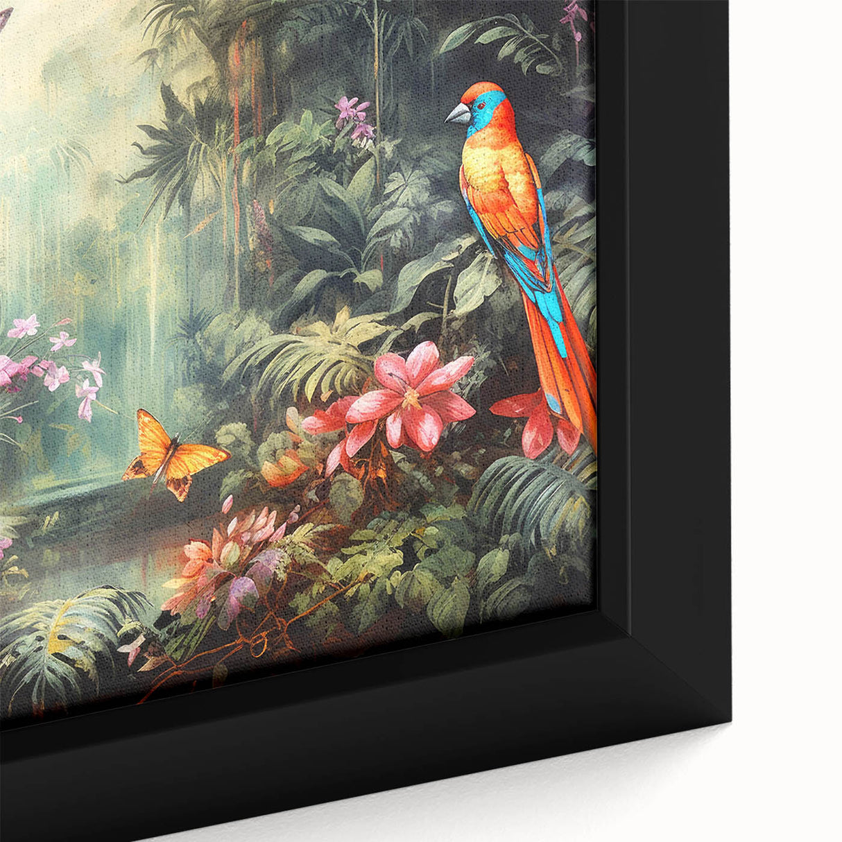 Close-up of a vibrant rainforest landscape wall art piece, showcasing lush greenery and intricate details, framed and ready to enhance any interior decor.