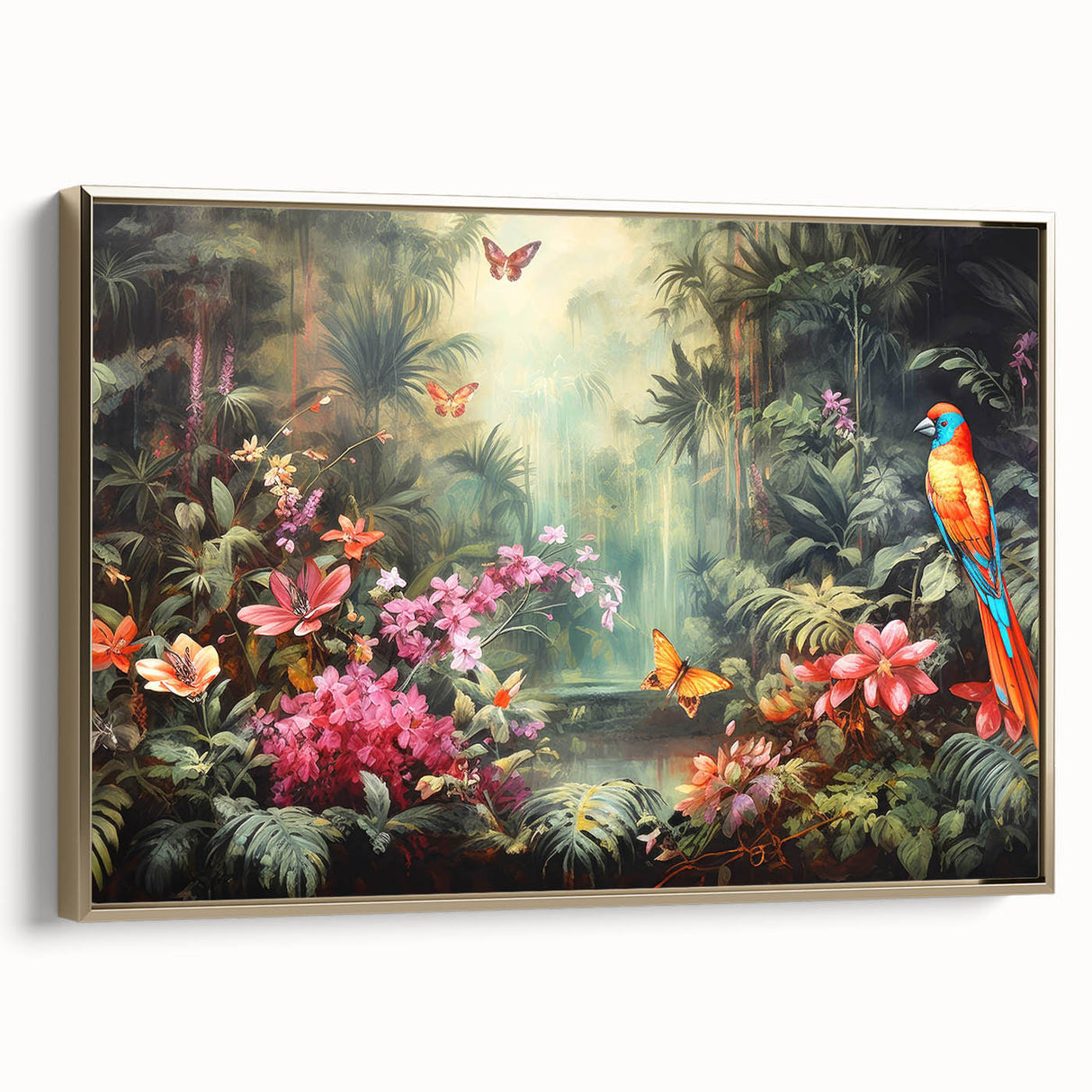 Framed canvas wall art showcasing a vibrant rainforest landscape design, featuring rich greens and gold accents, elegantly displayed in a modern frame.