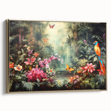 Framed canvas wall art showcasing a vibrant rainforest landscape design, featuring rich greens and gold accents, elegantly displayed in a modern frame.